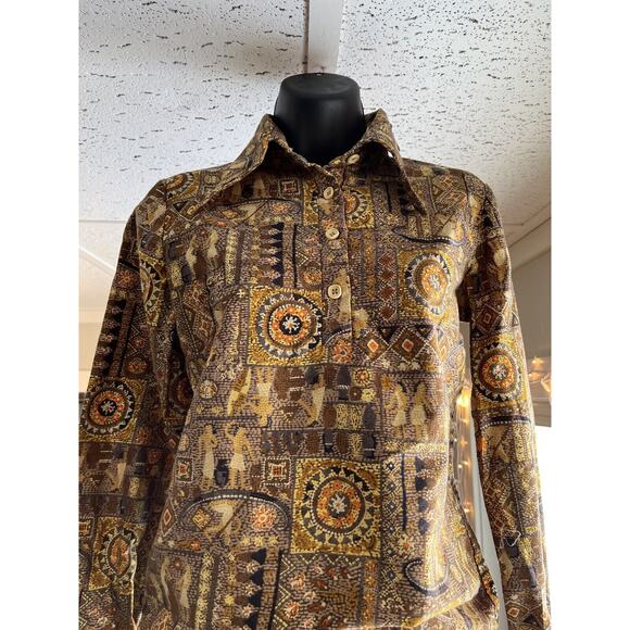 Vintage 1970s Women’s Egyptian Hieroglyph Retro Blouse & Skirt Set Sz 14 S/M - Picture 2 of 13